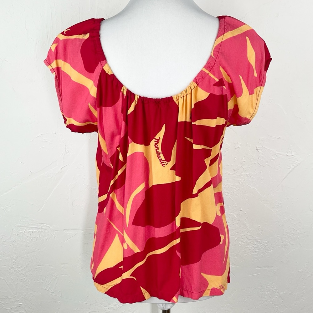 Manuhealii Red Orange Hawaiian Print Short Sleeve Blouse Small/Medium - Picture 5 of 6